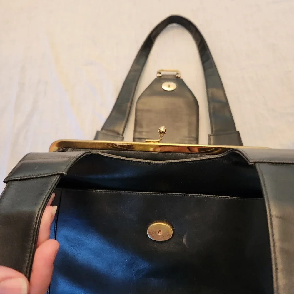 Vintage Lou Taylor Black Leather Shoulder Bag 1970s Designer Purse,Signed Mirror